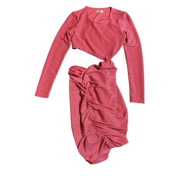Oh Polly Women 2 Pink Glitter Ruched Cutout Long Sleeve Disco Inferno Mini Dress - Picture 3 of 12